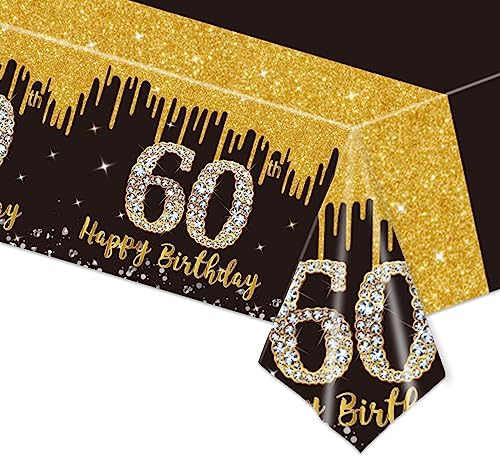 137x274cm Tischdecke 60. Geburtstag, Schwarz Gold Geburtstagsfeier, Happy 60th Birthday Abwischbar Kunststoff Rechteckig für Mann Frauen Party Dekor