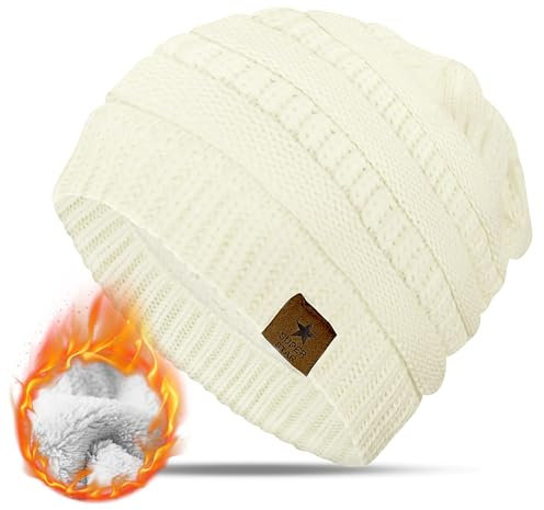 KEECOW Strickmütze Damen, Beanie Wintermützen, Beanie Mütze Grobstrick aus Atmungsaktivem und Leichtem für Ski Sport Outdoor Indoor(Weiß)