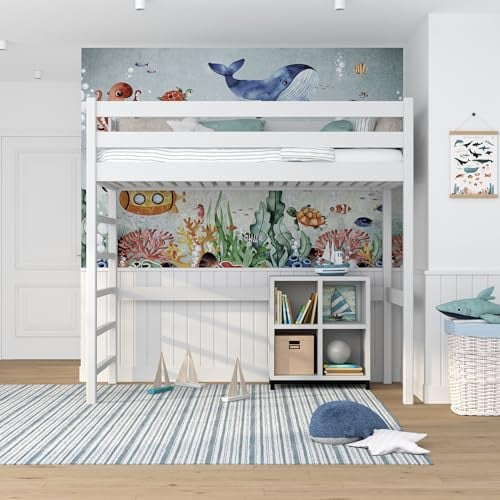 N-wood N01 Hochbett Holz 100x200 cm, Etagenbett mit Leiter, 2 Leitermontageseiten: Links oder rechts, sichere abgerundete Kanten, Stabile Massivholzkonstruktion, Hochwertige Materialien, Weiß