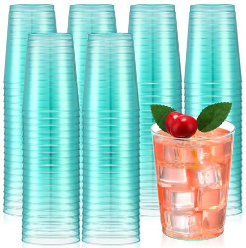 Minatee 100 Count 10 Oz Clear Hard Plastic Cups Disposable Cups Heavy Duty Neon Party Tumblers Plastic Wine Glasses Cocktail Drink Cup for Birthday Wedding Graduation Halloween Christmas Party(Green)