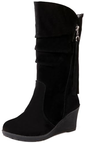 Joliss Donna Zeppa Stivali a Metà Polpaccio Punta Rotonda Stivali Slip-On Warm Inverno Lining Stivali Morbidi Nero-Hm Numero 35 EU