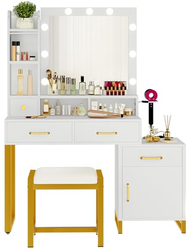 YITAHOME Schminktisch mit Spiegel, Kosmetiktisch mit Schubladen, Beleuchtung, Steckdose, Weiß (Make Up Tisch, Frisiertisch, Kosmetiktisch, Vanity Table)