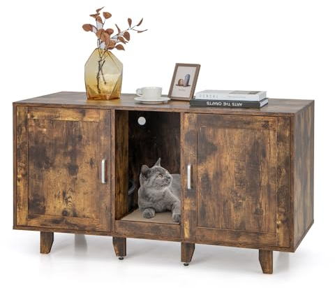 COSTWAY Katzenklo Schrank für 2 Katzen, Katzenschrank für Katzentoilette, Katzenhaus mit 2 Türen & Kratzbrett & Eingang, Katzenhöhle Katzenmöbel Beistelltisch, für Hunde Haustier, 120x52x65cm(Vintage)