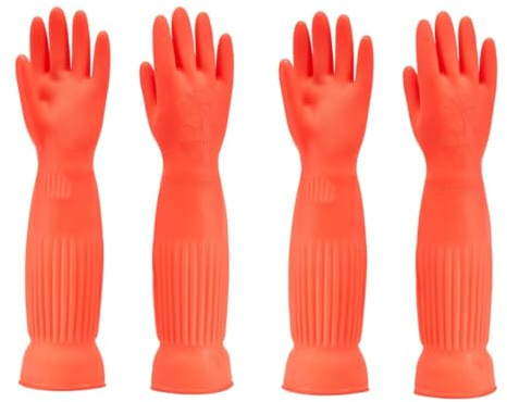 YIOIY Reusable Household Gloves,Rubber Dishwashing Gloves,Extra Thickness,Long Sleeves,Kitchen Cleaning,Indoor and Outdoor Cleaning (Red, 2 Pairs, M)
