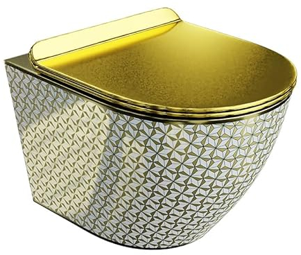 LAVITA Wand-WC Sofi Slim Golden Never Die Hänge Toilette WC Sitz Colordeckel mit Absenkautomatik & Metallscharniere Color Spülrandlos Hängend Colorbecken 365x490x395 mm Gold/Weiß