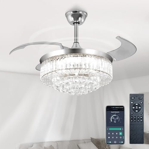 Depuley 42 Crystal Ceiling Fan with Light and Remote, Modern Silver Chandelier with 3 Speeds for Living Room, Bedroom, Dining Room