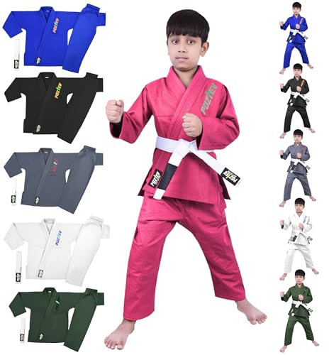 POZTEV Kids Brazilian Jiu Jitsu Gi For Kids BJJ Gi Youth Grappling Kimonos Preshrunk Lightweight Martial Arts Uniform, Pink, K00