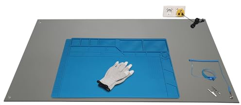 Minadax ESD Geschützter Arbeitsplatz 120 x 60cm GRAU für Elektronik-Reparaturen | Matte | Lötmatte 55x35cm | Manschette | Handschuhe | Erdungssstecker