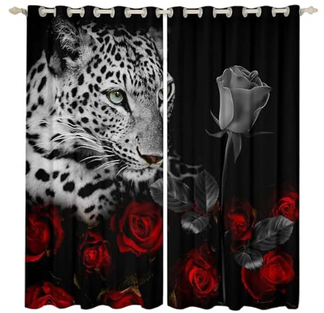 Homewish Leoparden-Fenstervorhänge für Schlafzimmer, rote Rose, Verdunkelungsvorhänge, afrikanische Safari-Tiere, Vorhänge und Vorhänge, Rose, Blumen, Gepard, Dschungel, Wildtierdruck,
