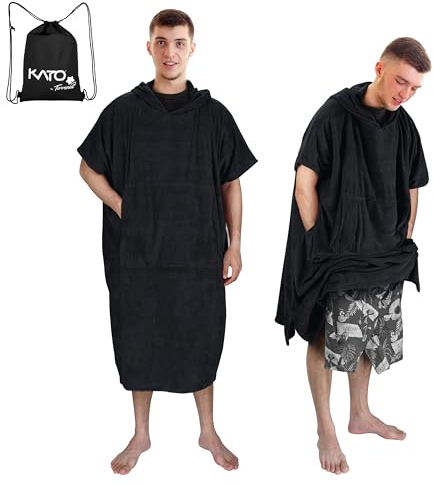 Kato Tirrinia Surf Poncho Umziehhilfe Strand für Damen Herren, Mikrofaser Badeponcho mit Kapuze & Tasche, Handtuch Poncho als Umziehhilfe für Surfer Schwimmen Camping Sauna Baden, Schwarz