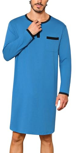 Uniexcosm Men's Long Sleeve Pajama Tops, Nightshirt for Men Button Round Neck Sleep Shirt Nightgown Nightwear Nightdress Sleepwear Loose Fit for Casual Hospital Home Blue