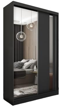 Margaret Hadas24 Kleiderschrank Gabo mit Spiegel, Organizer, Mehrzweckschrank, Schwebetürenschrank, Garderobenschrank, Kleiderstange, Kleiderständer, Flurschrank, Garderobe, Schrank, schwarz, 150 cm