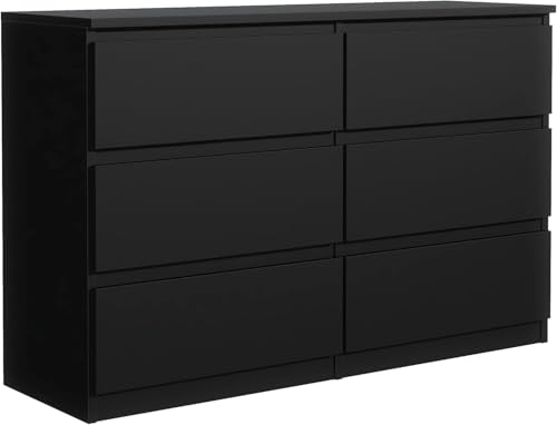 Tesconcept Kommode mit 6 Schubladen 140cm Schwarz Matt, Sideboard Schrank, Mehrzweckschrank Regal Wohnzimmer Schlafzimmer Möbel | 140x77x33cm | Spanplatte Plattenstärke 16mm