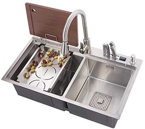 Deep 8.6inch Double Kitchen Sink Pull Down Faucet Strainer Chopping Board Knife Rack Combo Set, 304 Stainless Steel Sink with Complete Plumbing Kit Drainer Waste and Accessories