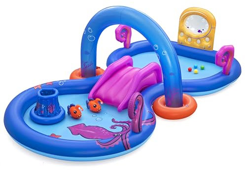 Bestway Wasserspielcenter Unterwasserwelt, 330 x 188 x 117 cm, Tiefsee-Design, Wassersprinkler, abnehmbare Rutsche, Tentakel-Schleuder, 4 Spielbälle, 2 Seeteufel, Sicherheitsventile, ab 2 Jahren, PVC