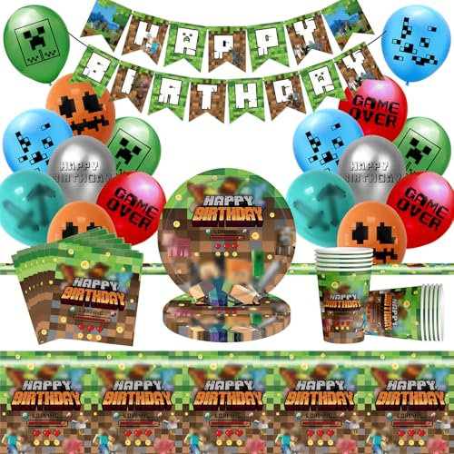 Vaisselle de Fête Mincraft, 60pcs Décoration d'anniversaire Mincraft, Vaisselle d'anniversaire Mincraft, Comprend Banner, Assiettes, Gobelets en Papier, Serviettes, Nappes et Ballons