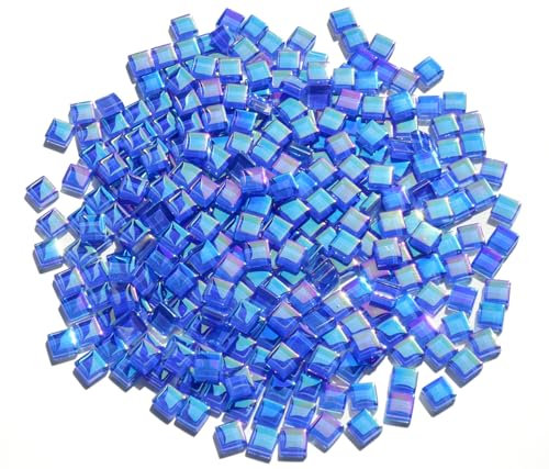 CHICSHIS Iridized Royal Blue Tiles for Mosaic Crafts, 300G Small Crystal Stained Glass Pieces for Mosaic Art, 1x1 cm Square Glass Tiles Great for Mosaic Supplies, DIY Mosaic Coasters, Home Decoration