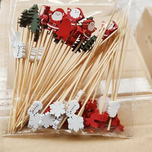 50 palitos de frutas de Navidad desechables de bambú, copo de nieve, árbol de Navidad, muñeco de nieve, alce, suministros de Papá Noel, palillos de Papá Noel, palillos para aperitivos, palillos de