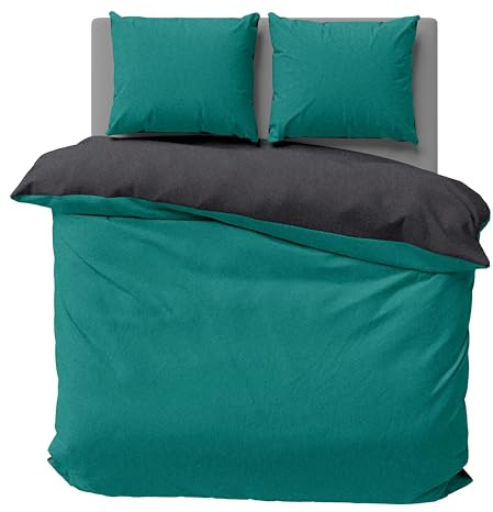one-home Winter Bettwäsche Doubleface Uni Wende kuschelig flauschig warm weich Fleece, Größe:3 teilig 200x220 cm, Farbe:Petrol/anthrazit