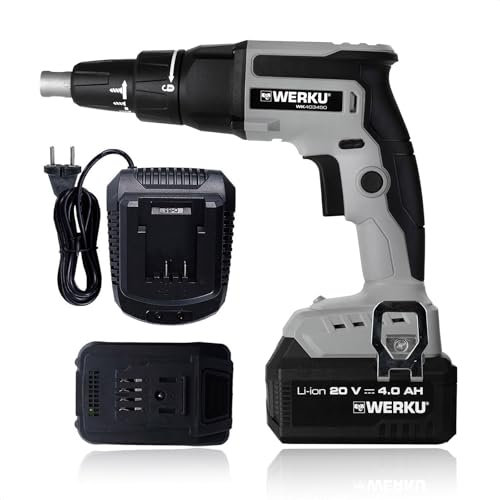 Werku WK403450+WK403470+WK403480, Atornillador Paneles-Placas Yeso Inalámbrico, Calidad Profesional, Potencia 20 V y 4 Ah, Batería Li-Ion, Motor Brushless, Incluye Batería y Cargador