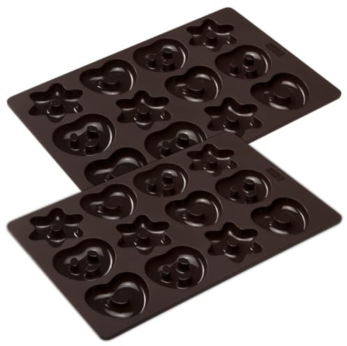 Lurch FlexiForm Mini Lebkuchen 2 Backformen für insgesamt 24 Mini-Lebkuchen Bretzeln, Herzen und Sterne Premium-Platin-Silikon 20 x 30 cm, Braun