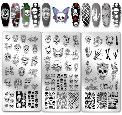 PH PandaHall 3pcs Gothic Skull Nail Stamper, 58 Muster Horror Skelett Blume Nagel Stamping Platte Edelstahl Nagel Bild Plates für Nageldesign Druck Maniküre Salon Halloween