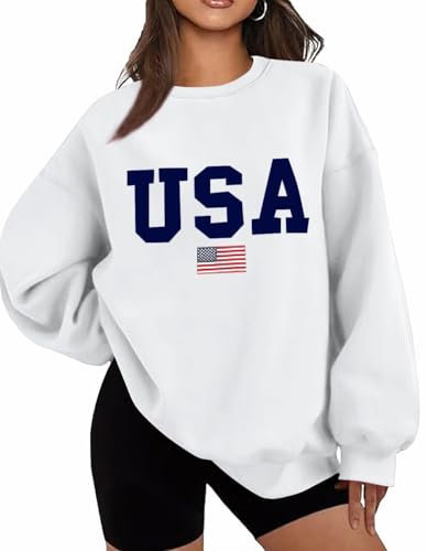 Lacozy Damen-Sweatshirts mit USA-Grafik, amerikanische Flagge, Rundhalsausschnitt, langärmelig, lockeres Fleece-Oberteil, Herbst- und Winterkleidung, Weiss/opulenter Garten, XXL