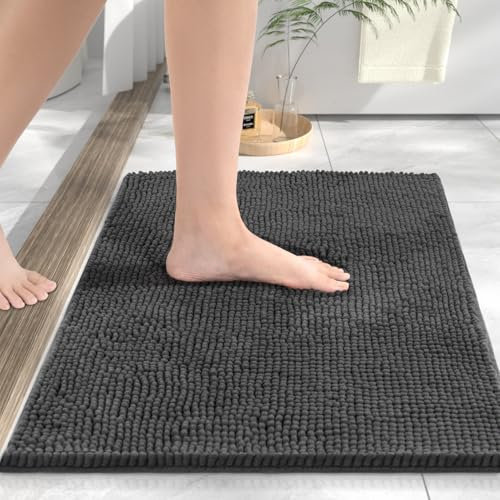 HITSLAM Chenille Badezimmerteppich, 40x60cm Badematte rutschfest, Super Saugfähige Badematten & Badteppiche, Badteppich Waschbar, Badezimmermatte für Dusche und Badewanne, Dunkelgrau