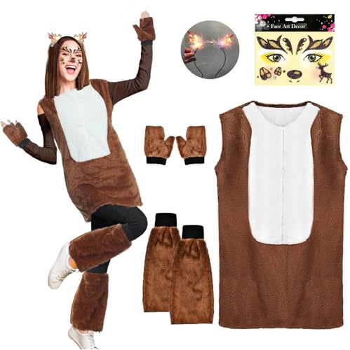 LXWINNER Rentier Karneval Damenkostüm,Reh Kostüm Damen Kleid,Rentier Geweih Haarreif,Rentier Gesicht Tattoos,Reh Kostüm Erwachsene,Reh Kostüm Zubehör für Weihnachts Faschings Cosplay Mottoparty