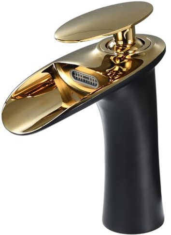 Rubinetti per lavabo a cascata, miscelatore a cascata alto lavabo, rubinetto da bagno con beccuccio retrò,rubinetteria in ottone, acqua calda e fredda disponibile (nero + oro, 18 cm)