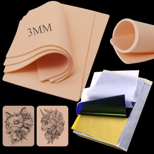 25pcs Piel Sintetica Tatuaje Kit, Rayyl 5pcs Piel Sintetica 3mm Tattoo Skin y 20 Hojas Papel Transfer Tattoo A4 Accesorios de Tatuaje para Artistas