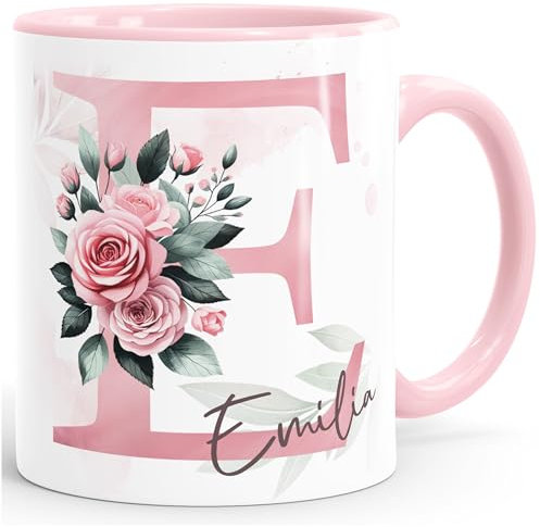 SpecialMe® Kaffee-Tasse Initiale Monogramm personalisiert mit Namen Blumen Blüten Rosen persönliche Geschenke Weiss-innen-rosa standard