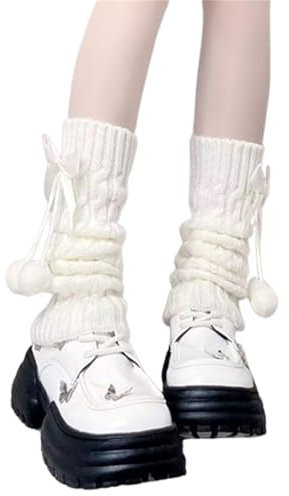 Fexofao Y2k Leg Warmer Cutecore Knee High Socks with Bow and Fur Ball Winter Cute Lolita Leg Warmers Streetwear (White, One Size)
