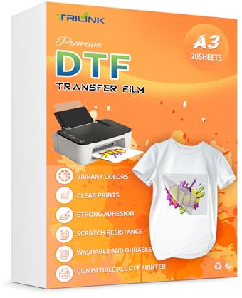 TRILINK DTF Transferfolie A3 (29,7 x 42cm)-20 Blätter Premium PET Direct to Film Druck Folie, Transferpapier für DTF Drucker - Geeignet für Baumwolle, Polyester und Textilien - Ideal für T-Shirt Druck