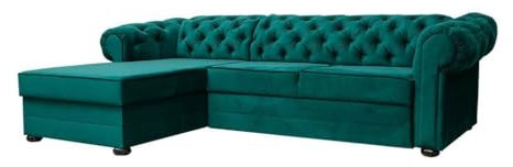 Chesterfield Ecksofa mit Schlaffunktion Sofa mit Ottomane Eckgarnitur Polsterecke Couch mit Bettkasten Samt (Velour) Glamour Wohnlandschaft - 280x180x81cm - AVIA (Dunkelgrün (Kronos 19), Links)