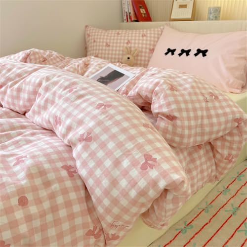 ZBOOM Bettwäsche 100x135cm 2 Teilig Rosa Kariert Schleifen Bettwäsche Set Rosa Weiß Karo Kinderbettwäsche Microfaser Bettbezug mit Reißverschluss und Kissenbezug 40x60cm
