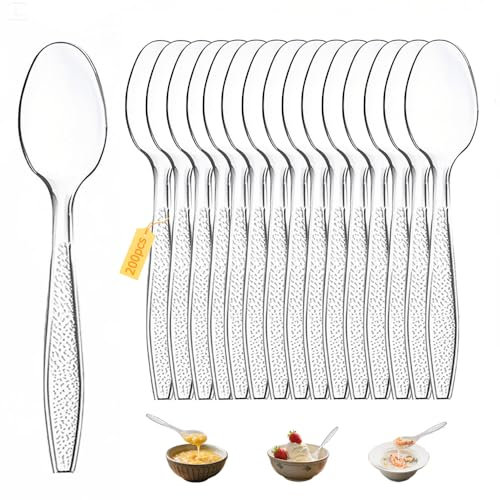 Coztie Plastikbesteck, Party Besteck Plastik, Plastik Messer Plastikgabeln Party Besteck Wiederverwendbar für Familie Partys Geburtstagsfeiern Hochzeiten (Transparent, 200 Stück Plastiklöffel)