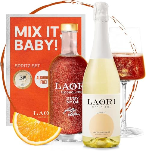 Laori Glitzer-Bundle alkoholfrei | 750 ml Sparkling White (Alkoholfreier Sekt) | 500 ml Glitzer Spritz (Alkoholfreier Aperitif mit Glitzer) | Perfekt für Spritz | Geschmack von Orange+Grapefruit