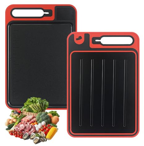 4 in 1 Miracle Melt Defrosting Board, Double Sided As Chopping Board with Grater, Sharpener, Miracle Melt Defrost Tray for Meat, Fish, and Food(Red)