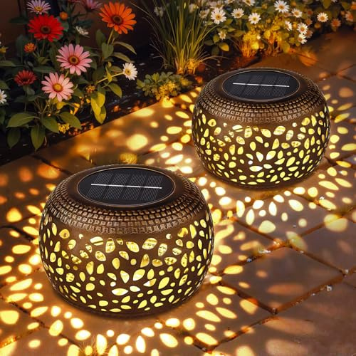 Solar Lanterns for Outside, 2 Pack Hollow Out Retro Metal LED Garden Solar Lanterns Outdoor, Gifts for Women Mom, Waterproof IP65, Decorative Metal Lantern for Table, Patio, Lawn, Yard, Warm White