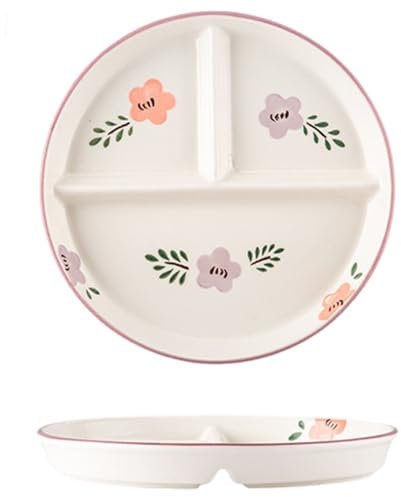 Hbbgdiy Floral Pattern Round Ceramic Divided Plates 8×1 Inch, 3 Compartment Portion Control Dinner Plates for Kids & Adults, School Lunch, Family Meals & Picnics
