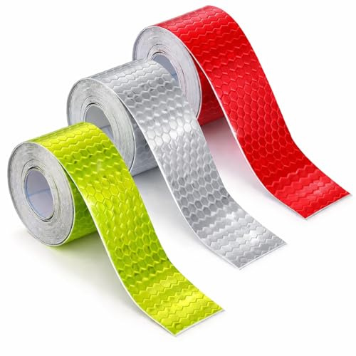 kwinfei 3 Rolls Reflective Tape Waterproof Outdoor Safety Tape,High Visibility Red, Yellow, Silver Reflective Stickers for Cars, Bikes, Helmets, Trailers, Clothing, Gear,1 Inch x 30 Ft Reflector Tape