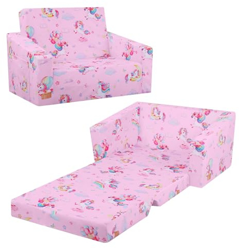 Divano Letto per Bambini 2-in-1 Pieghevole Schienale Poltrona, Comoda Stabile Divano Bambini con Tasca in Stoffa, Divano Pieghevole Leggero Apribile per Camera da Letto, Soggiorno, Unicorno Rosa