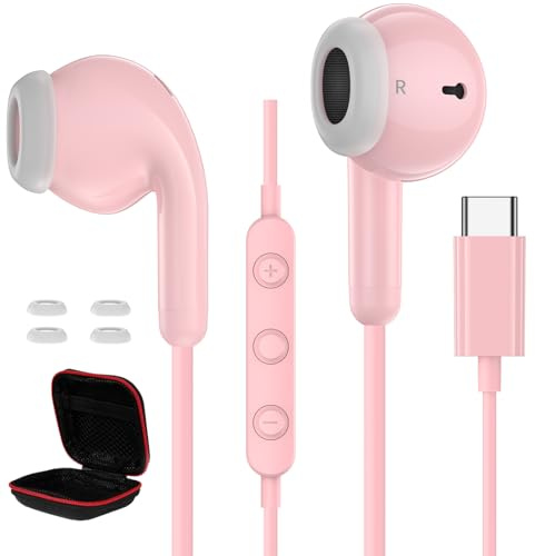 Cuffie USB C per Samsung Galaxy S25 Ultra S24 S23 S22 A56 A16 A55 Auricolari Type C con Microfono Hi-Fi Stereo Cuffie Tipo C In-Ear con Filo Auricolari per iPhone 17 Pro Max 16 15 iPad per Xiomi Rosa