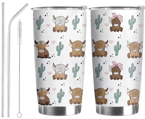 Onperpoe Highland Cow Gifts Stainless Steel Tumbler, Cactus Highland Cow Cup Insulated Water Bottle, Unique Coffee Tumbler Travel Mug, Highland Cows Gifts for Women Men Christmas Birthday