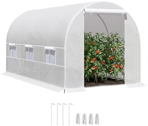 Outsunny Serre Tunnel de Jardin 8m² Porte 6 Fenêtres 400x200x200cm Blanc | Serre de Jardin Tunnel, Toutes Saisons, Légumes Fruits Fleurs, Bâche PE Haute Densité 140 g/m²