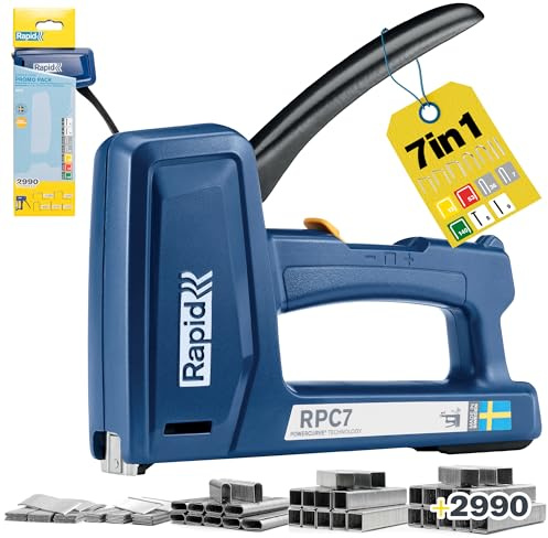 Rapid 7-in-1 Handtacker RPC7 für Klammern, Nägel, Stifte & Kabelklammern | Starter-Set mit Klammern, Kabelklammern, Nägeln & Stiften; 50% leichter auszulösen; 2-Stufen Schlagkraft