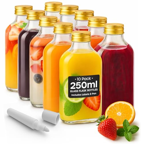 volila Glass Flask Bottles with Screw Caps, Labels and Pen - Reusable Empty Glass Bottles for Gin, Home brews or Homemade Vinegar (Gold - 250ml)