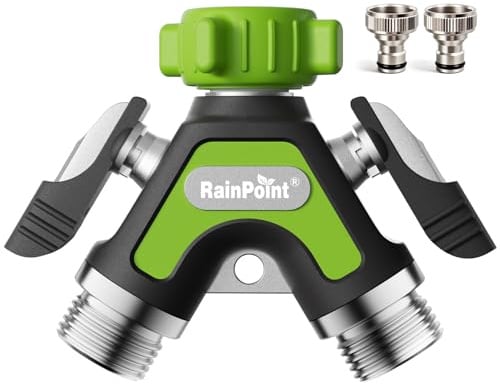 RAINPOINT 2 Wege Verteiler, Vollmetall-Schwerlast-Wasserverteiler mit 5.2 cm Extra Langer Seitenhebel & Absperrventilen, Gartenschlauch Y Verteiler 3/4 & 1/2, Gleichzeitiger 2 Fach Anschluss(Grün)
