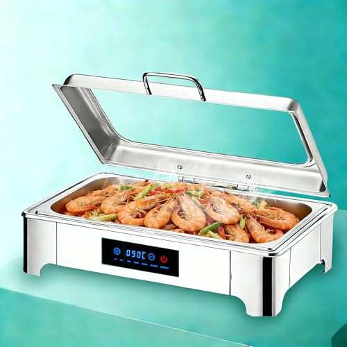 Aocay Chafing Dish Elettrico 9L Temperatura Regolabile(Full Pan) | Professionale Scaldavivande Elettrico per Buffet Acciaio Inox, con Coperchio in Vetro per Catering, Hotel
